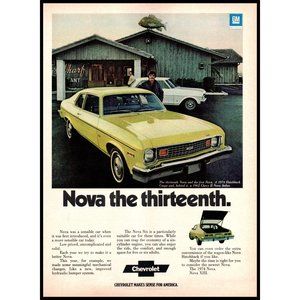 1974 Chevy Nova Hatchback Coupe Vintage Print Ad Wharf Fish House Restaurant Art